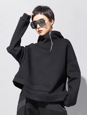 High Low Hem Half-Zip Hooded Pullover ▪︎ Onyx ▪︎ Sz XL